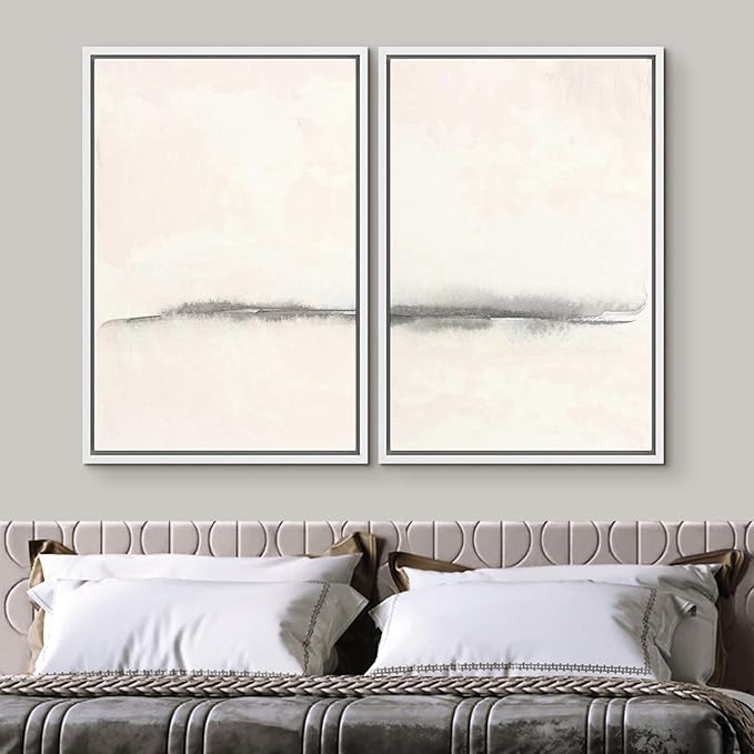 SIGNWIN Framed Canvas Print Wall Art Set Grunge Pastel Paint Stroke Landscape Abstract Shapes Illustration Art Minimalism Decorative Nordic for Living Room, Bedroom, Office - 24"x36"x2 White