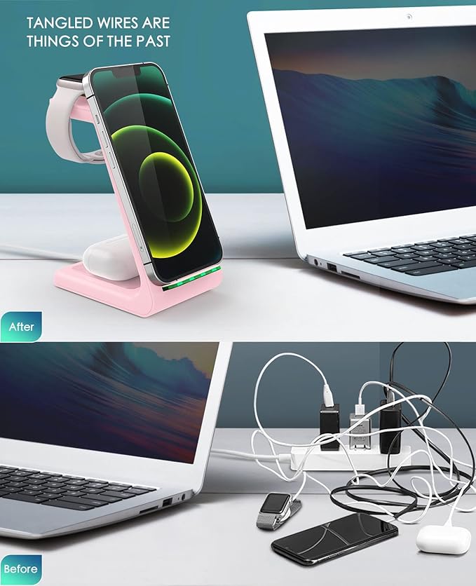 3 in 1 Wireless Charging Station, 2025 Upgraded Fast Desk Charger Station for iPhone 17 16 15 14 13 12 Pro Max Plus, Charger Stand for Apple Watch 10 9 8 7 6 5 4 3 2 SE, Airpods 4 3 2 Pro(Pink)