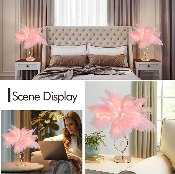 Pink Ostrich Feather Lamp Creative Furry Bedside Lamp Romantic Feather Table Lamp Fluffy Nightstand Light for Girl Bedroom Wedding Decor Valentines Dating Livingroom Hotel Office Christmas