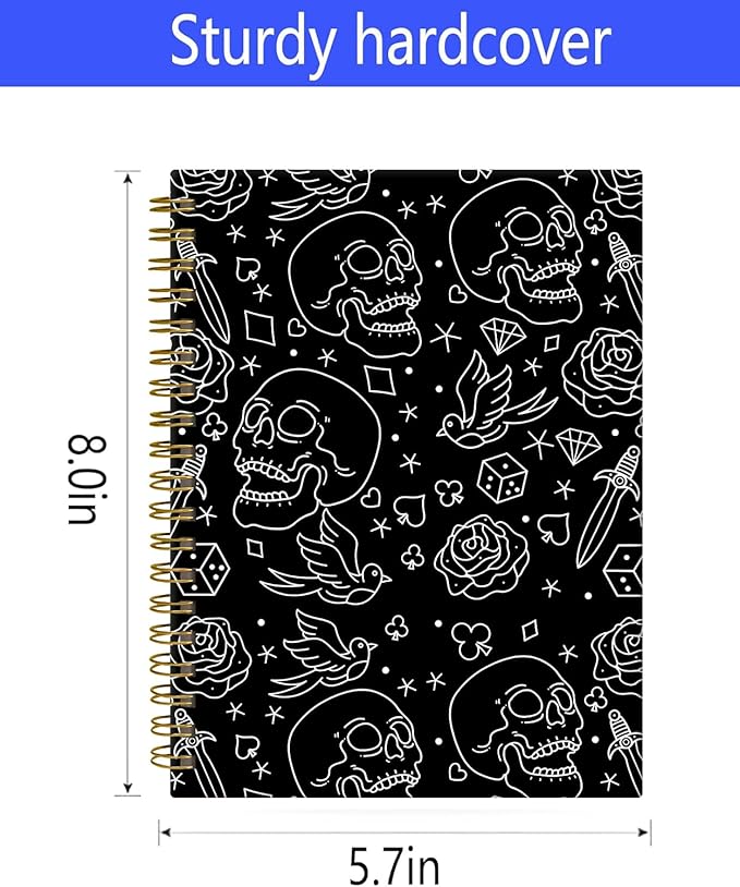 Spiral Journal Notebook,A5 Hardcover Lined Journals for Women 6 x 8.3 in,60 Sheets 120 Pages Thick Paper,Cute College Ruled Writing Notebook for Office Work School(Skull Head Rose)