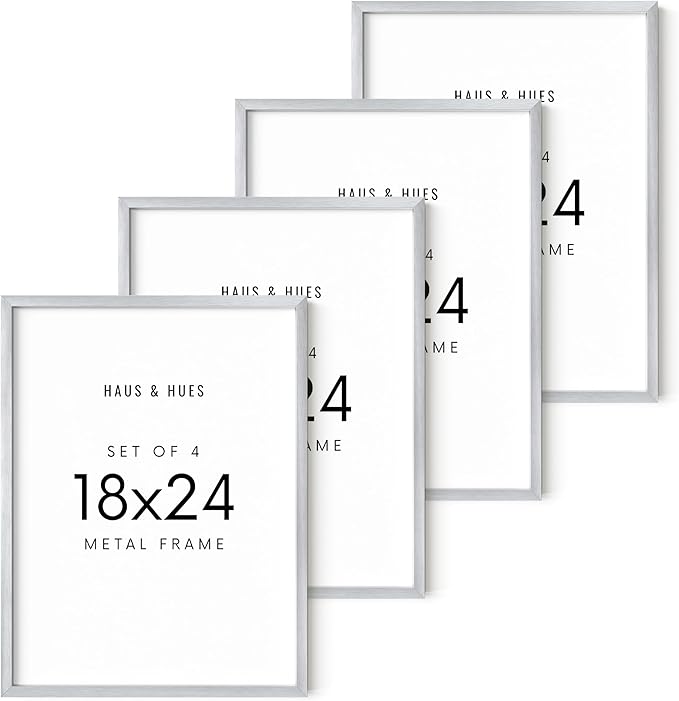 HAUS AND HUES 18x24 Silver Metal Picture Frames - Premium Aluminum with Vertical & Horizontal Hanging, Shatterproof Plexiglass - Perfect for Home or Office (18x24 in, Silver, Set of 4)