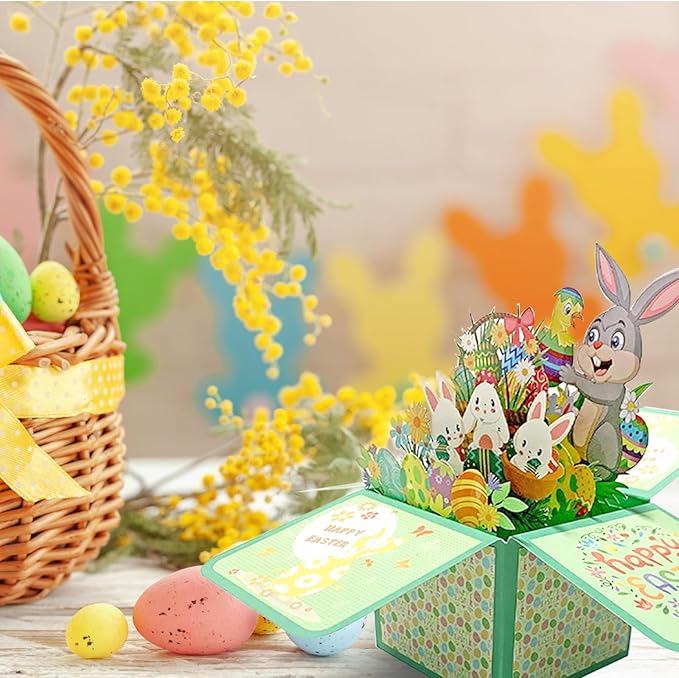 Easter Pop Up Cards - 3D Bunny & Eggs Greeting Card with Floral Design | Unique Easter Gifts for Family, Kids, Adults | Funny Basket Stuffer for Husband, Wife, Boys & Girls