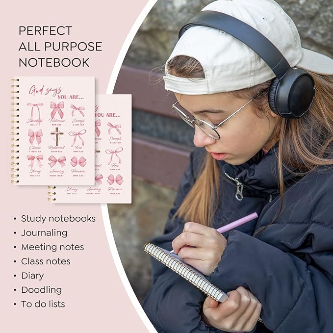 VONTP Coquette Pink Bow Christian Spiral Notebook, God Says You Are Bible Verse Inspirational Journal for Women, Preppy Pink Religious Scripture College Ruled Notebook Journal for Writing, 5.5x8.3