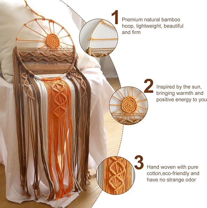 2 Pack Macrame Sun Wall Decor Set - Hand Woven Sunrise Sunset Boho Hanging Tapestry Wall Art, Orange Brown Rustic Dream Catcher Home Decor for Bedroom Living Room Nursery