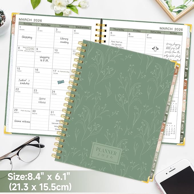 GuassLee 2026 Planner, Weekly and Monthly Planner from January 2026-December 2026, 8.4"x 6.1" Aesthetic Greenery Agenda Book with Back Pocket, Stickers, Coated Tabs, A5 Size