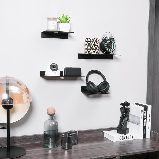 Z metnal Metal Floating Shelves with Cable Clip, Shelves for Bluetooth Speaker Router Cameras, Wall Mounted, Display Shelf, Matt Black, Aluminum, 12 inch, 2 Pack