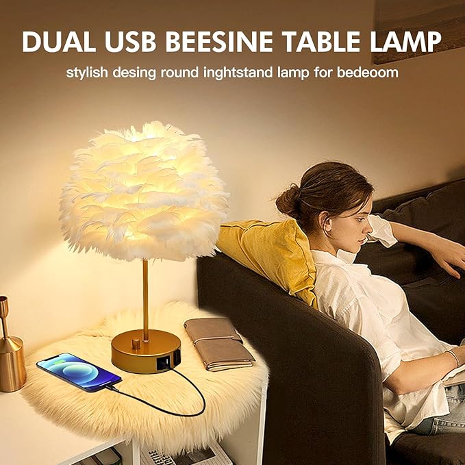 ZYLEIESENBAO Chic White Feather Lamp with USB Charging Port Modern Feather Table Lamp Cute Romantic Bedside Nightstand Light for Girl Room Childrens Room Living Room Entry Wedding Decoration