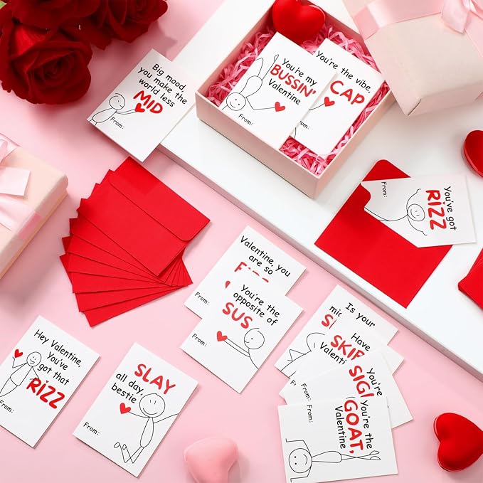 Yinder 24 Set Mini Valentines Day Cards with Envelopes Funny Slang Themed Teen Tween School Valentines Funny Valentine's Day Card Set Gift for Student Classroom School Home Friends