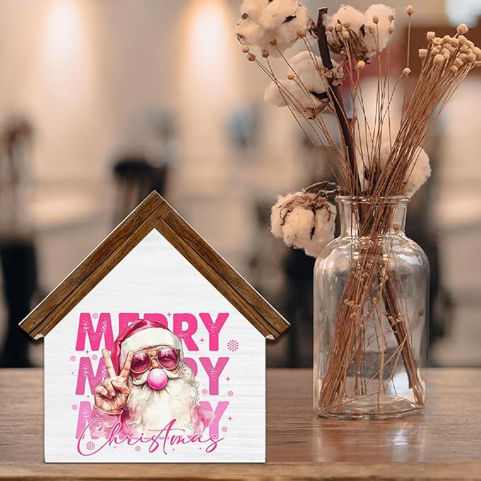 Pink Santa Christmas Decor, Funny Santa Blowing Bubble With Sunglasses House Shaped Wood Sign, Merry Christmas Home Decorations