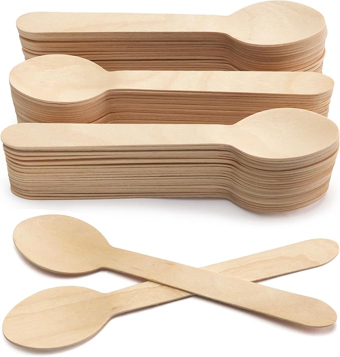 LotFancy Disposable Wooden Spoons, 100Pcs 6.25 inch Wood Cutlery Spoon, Biodegradable Compostable Eco-friendly Birchwood Sampling Tasting