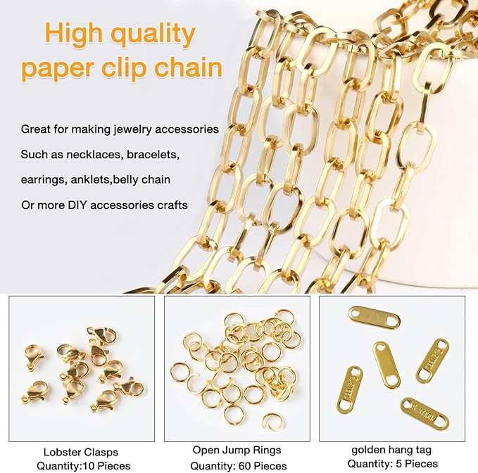 16.4Ft Paperclip Chains Rolls, Charm Necklace Chain 3.2mm Width，18K Gold Necklace Chain for Jewelry Making，Plated Charm Bracelet Making kit with 10 Lobster Clasps and 60 Jump Rings