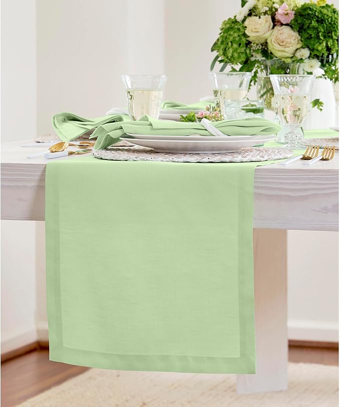 Solino Home Linen Table Runner 120 Inches Long - 100% Pure Linen Pastel Green Table Runner 14 x 120 Inch for Spring, St Patricks Day, Easter - Fete