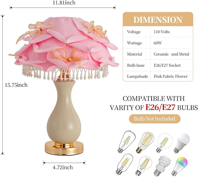 Pink Flower Lamp Nordic Rose Flower Table Lamp Modern Ceramic Nightstand Light Romantic Princess Bedside Lamp for Girl Wedding Valentines Christmas Gift Deco Bedroom Living Room Entry
