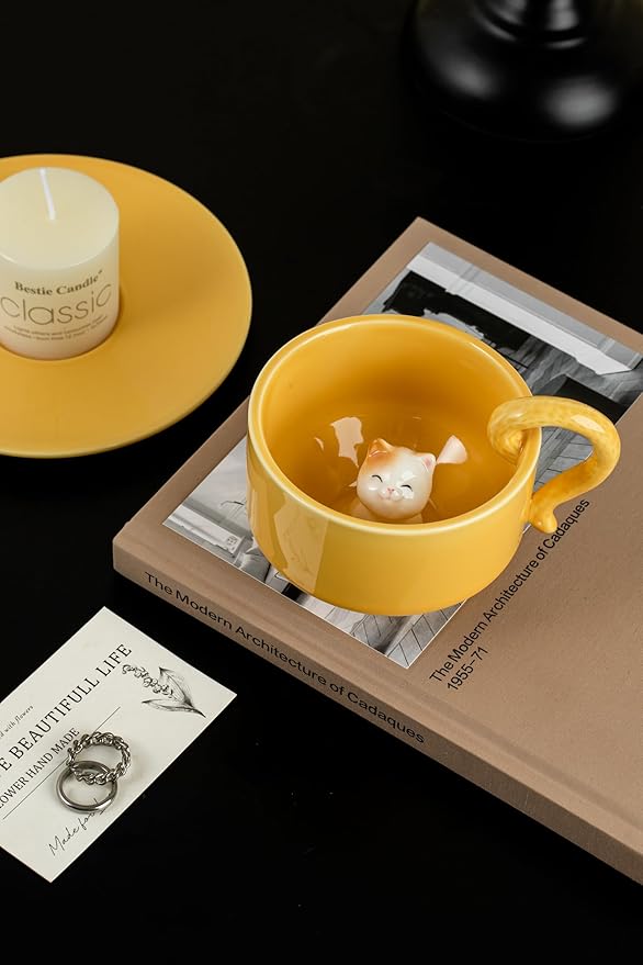 DIHOclub Ceramic Coffee Mug With Saucer 3D Cat Sculpture With Tail Handle - Elegant Office & Gift-Ready Tea Cup for Pet Lovers, Birthday, Christmas (Yellow Cat)