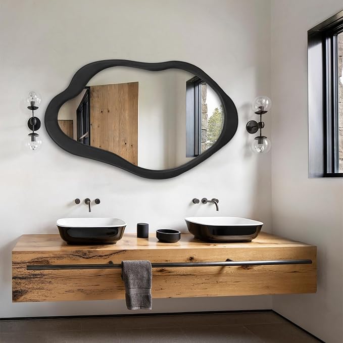 41"x 28" Wavy Cloud Mirror with Black Wood Frame, Modern Decorative Asymmetrical Mirror for Bedroom, Living Room, Entryway