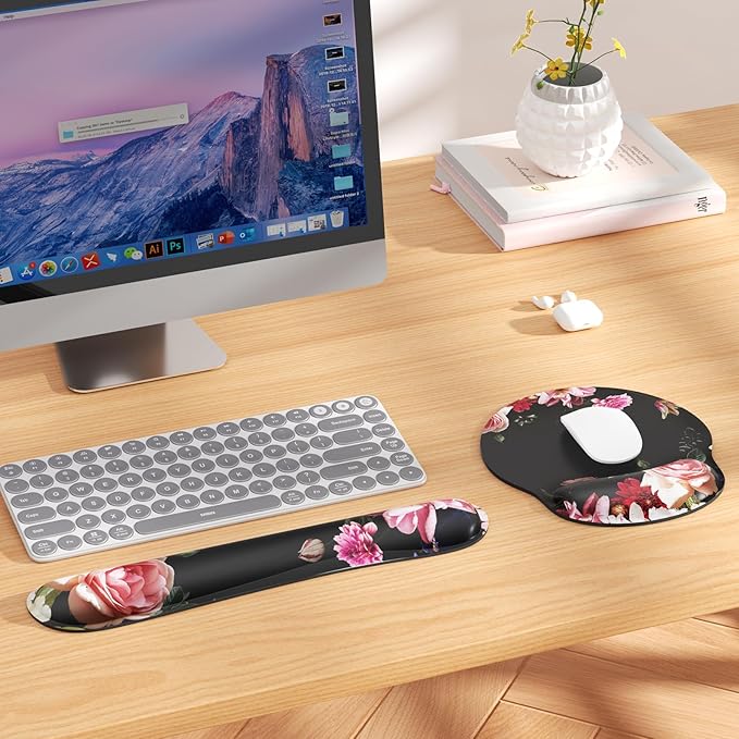 KTRIO Ergonomic Keyboard Wrist Rest, Memory Foam Mouse Pad with Wrist Rest for Computer Keyboard, Mouse Pad Set for Easy Typing & Pain Relief for Office & Home, Peony Flower