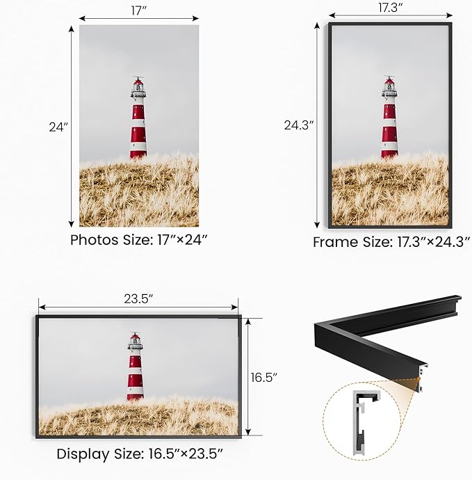 17x24 Aluminum Metal Picture Frame,Tempered Glass Black Large 17 x 24 Poster Frame for Puzzles Photos or Artwork for Wall Gallery Mount Horizontal or Vertical Decor Home,Office,Hotel