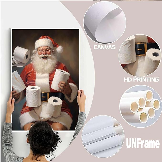 Canvas Santa Bathroom Wall Art Toilet Humor Decor Vintage Christmas Holiday Wall Art Restroom Amusing Gift Santa Toilet Rolls Funny Poster 32x48in-UnFramed