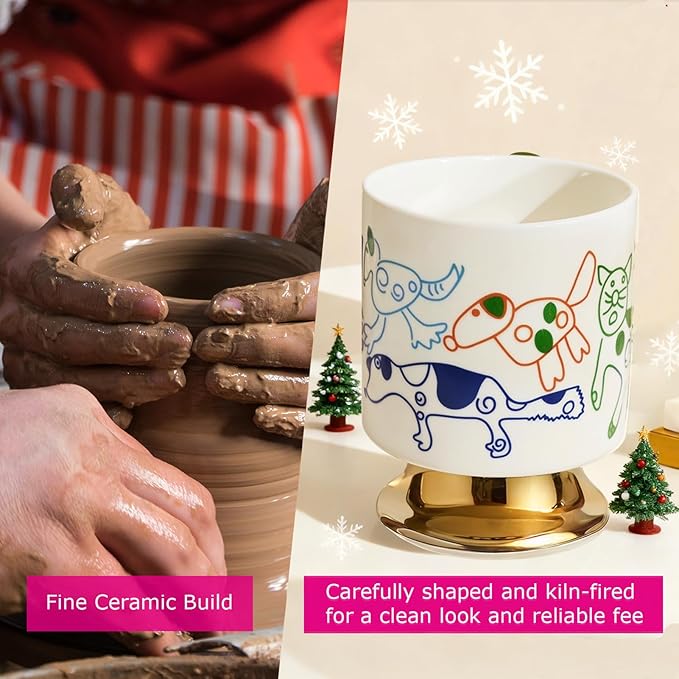 Christmas Mugs Whimsical Animal Ceramic fun Coffee Mug – 14oz Childlike Hand-Drawn Cat, Dog & Bear Design – Cute gothic Coffee Cup Gift for Women, Girls, Kids (white)