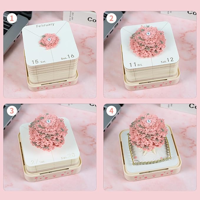 3D Calendar 2026, Cherry Blossom Tree Time Piece Calendar 2026, Daily Tear-Off Memo Pad with LED Glow, Paper Carving Desktop Decoration, Unique Holiday & New Year Paper Craft Gift