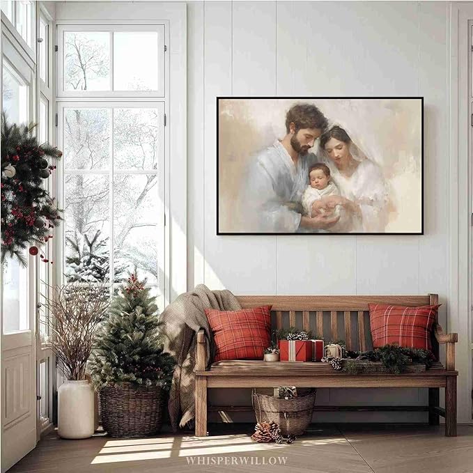 Holy Family Biblical Poster Vintage Christmas Canvas Painting Religious Painting Christian Wall Decor Nativity Scene Print Indoor Decor for Home Church Nursery Offices Living Room Framed Ready to Hang