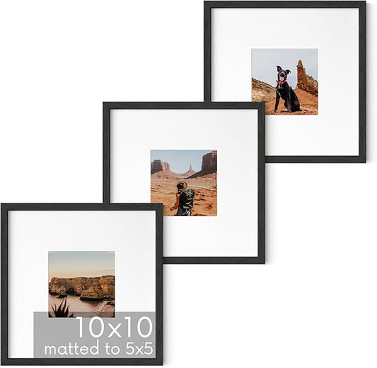 HAUS AND HUES Solid Oak Wood 10”x10” Picture Frames Matted to 5”x5” Set of 3-10x10 Frame with Mat, Square Black Picture Frame Set, 10 x 10 Frames, Square Black Frames for Gallery Wall
