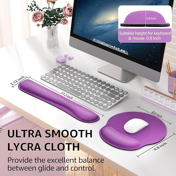 KTRIO Ergonomic Keyboard Wrist Rest, Memory Foam Mouse Pad with Wrist Rest for Computer Keyboard, Mouse Pad Set for Easy Typing & Pain Relief for Office & Home, Violet Purple