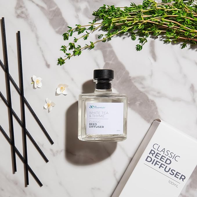 Air Esscentials Classic White Tea & Thyme Reed Diffuser Set - Decorative Fragrance Diffuser & Oil for Bathroom & Home | Long-Lasting Aroma | Natural Scent Sticks | Essential Oils & Botanicals| 100mL
