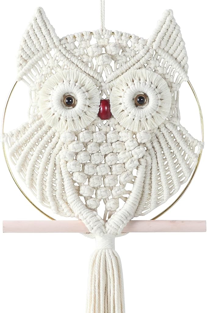 MVSUTA Owl Ivory Cotton Handmade Macrame Wall Hanging Tapestry Home Decor Art and Beige Craft Wonderful Decoration Woven Boho Ornament for Office Bedroom Apartment Living Cream Nursery Gallery,1pc