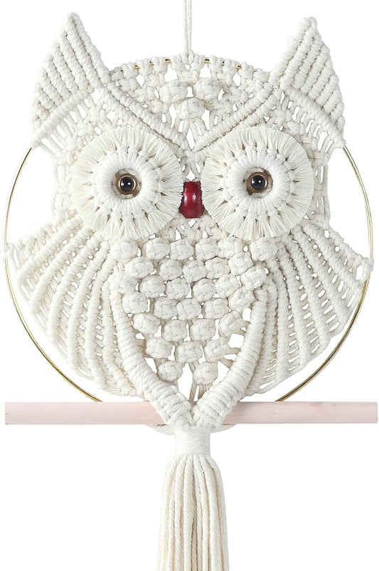 MVSUTA Owl Ivory Cotton Handmade Macrame Wall Hanging Tapestry Home Decor Art and Beige Craft Wonderful Decoration Woven Boho Ornament for Office Bedroom Apartment Living Cream Nursery Gallery,1pc