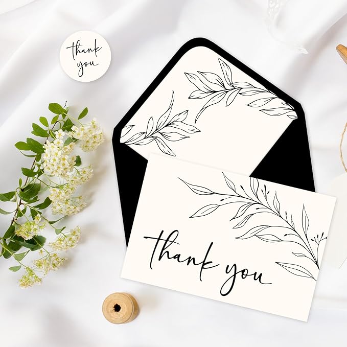 JarThenaAMCS 24 Pack Minimalist Thank You Cards Blank Greeting Cards With Envelopes Stickers Black Leaves Branches Note Card for Wedding Birthday Supplies