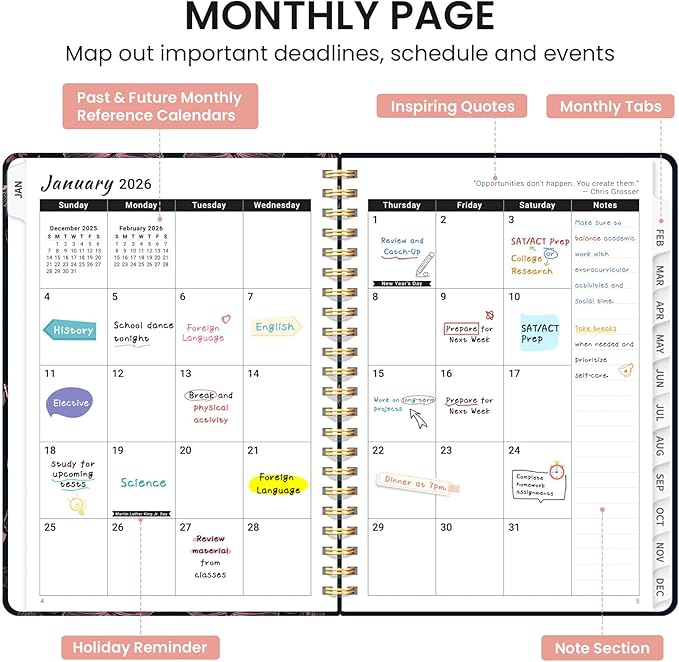 2026 Planner, Monthly and Weekly Calendar Planner for Women, Jan 2026 - Dec 2026, Hardcover Pretty 2026 Agenda Planner Book with Tabs, Spiral Bound, Perfect for School Office Home Supplies, 6.3" x 8.5" - Pink Butterfly