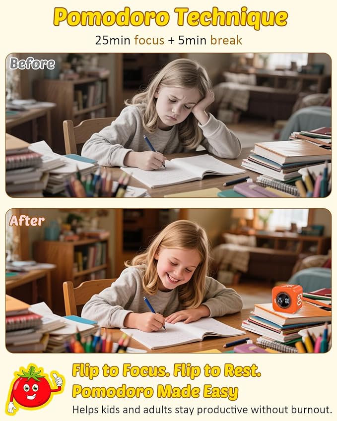 Digital Pomodoro Timer Cube 5/10/25/50min, Visual Productivity Flip Timer for Kids Classroom Desk, Custom Countdown, Silent and Sound Mode for ADHD Study Work Game Kitchen (Orange)