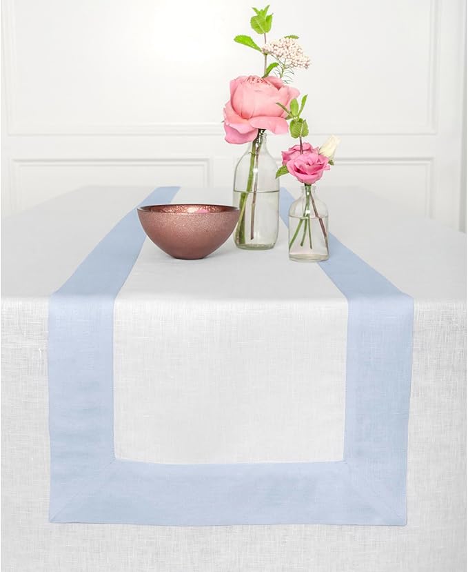 Solino Home Linen Table Runner 72 Inches Long - Light Blue and White 100% Pure Linen 14 x 72 Inch Table Runner for Dining, Winter, Spring, Easter - Contempo