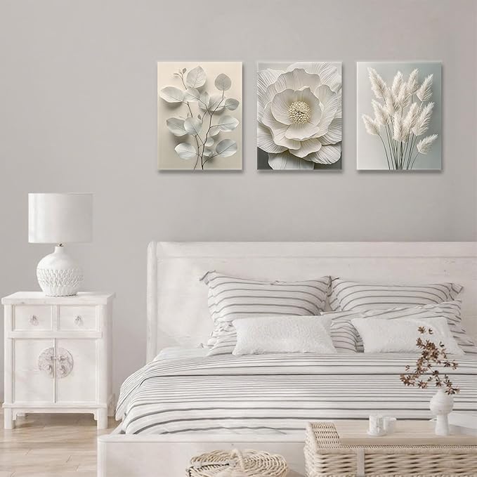 TUEASKY 3 Piece Canvas Wall Art Beige Wall Decor Flower Pictures Floral Art Prints Neutral Botanical Paintings Minimalist Artwork For Bedroom Living Room Office