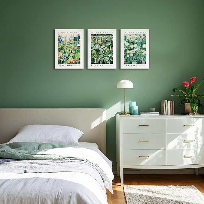 XLARTMY Flower Market Wall Art Prints Canvas Green Yellow White Floral Paintings Colorful Botanical Travel Flower Posters for Home Decor Pictures Set of 3 for Living Room Bedroom 12x16in