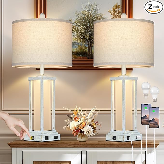 27" Tall Vintage Table Lamp Set of 2 with USB C+A & Outlet,Nightstand Lamp for Living Room,Bedside Lamps with Frosted Glass Night Light for Bedroom Entryway,White