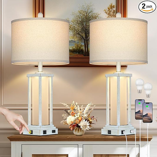 27" Tall Vintage Table Lamp Set of 2 with USB C+A & Outlet,Nightstand Lamp for Living Room,Bedside Lamps with Frosted Glass Night Light for Bedroom Entryway,White