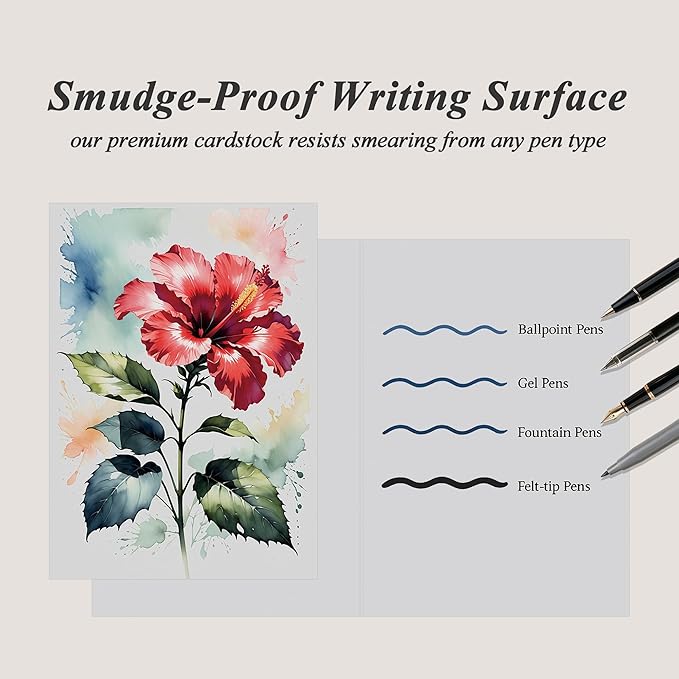 Elegant Blank Inside Greeting Card with Envelope, 5x7 Inch Watercolor Hibiscus Card – All Occasion, Birthday, Sympathy, Thank You - Single Card