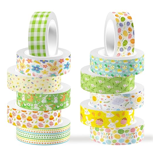 12 Rolls Happy Easter Washi Tape, Green Plaid Floral Masking Tape, Cute Rabbit Egg Decorative Sticker for Scrapbook Journal DIY Craft Birthday Easter Gift Wraps 16.4FT