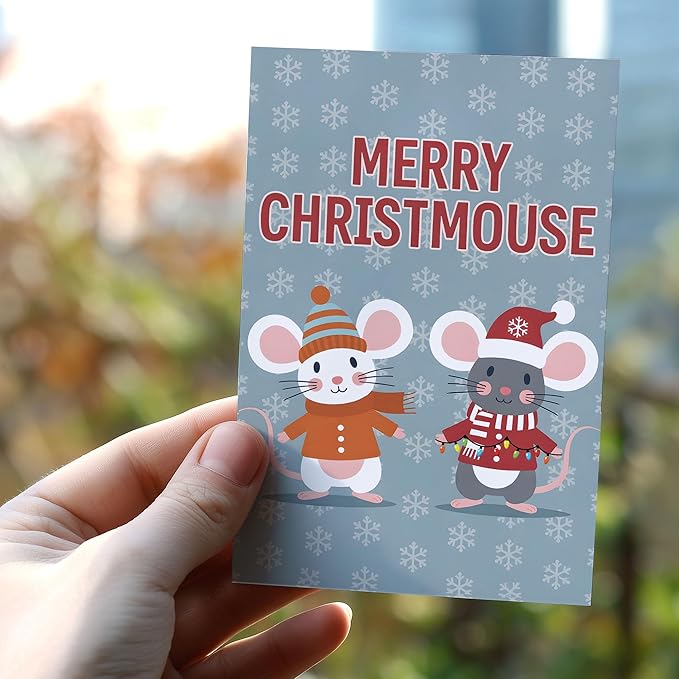 (5.3x8in) Merry Christmouse Card with Envelope, Cute Funny Christmas Mouse Greeting, Adorable Winter Holiday Card with Cartoon Mice Design for Friends, Family, and Kids (Xmas 25)