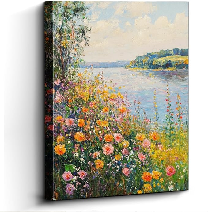 WOXZQ Colorful Wildflower Field by the Lake Wall Art – 12x15 Inch Unframed Laminated Paper Print – Landscape Floral Painting for Home Decor – Tabletop & Hanging Display