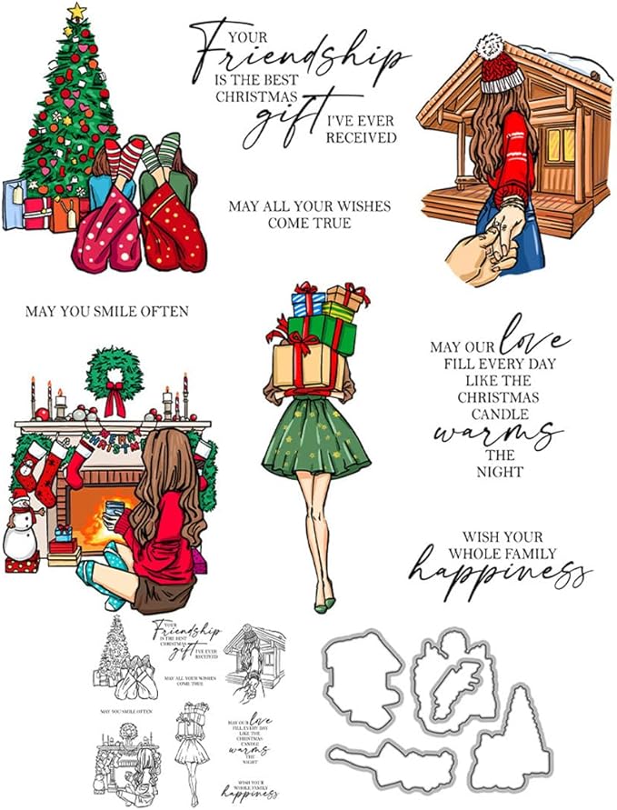 Christmas Women's Friendship Box Stamps and Cutting Dies for Card Making DIY Transparent Silicone Clear Stamp and Metal Die Cuts Sets for Scrapbooking Paper Greeting Cards Decor Seals Craft Supplies