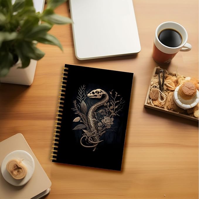 Snake Skull Spiral Journal Notebook - Goth Golden Snake Head Skeleton Notebook 5.5×8.3, Snake Gifts Spiral Notebook Journal with 164 Pages, Punk Dark Witchy Gifts