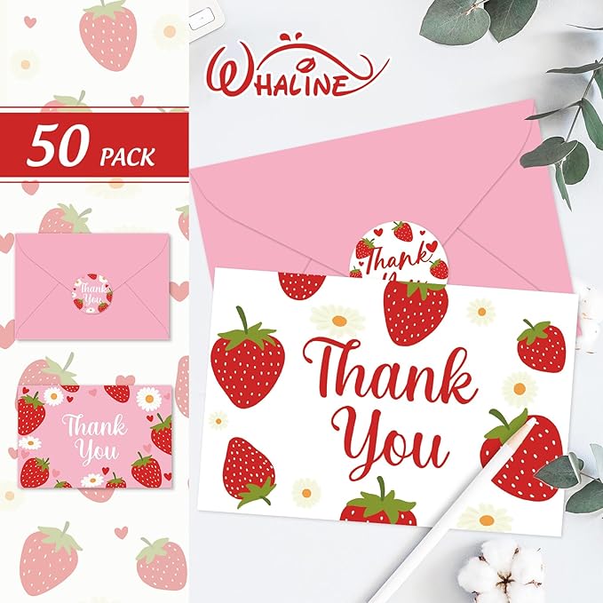 Whaline 50 Pcs Strawberry Thank You Cards Greeting Cards with Envelopes Stickers Pink Fruit Blank Note Cards for Baby Shower Birthday Party Invitation Supplies, 4 x 6 Inch