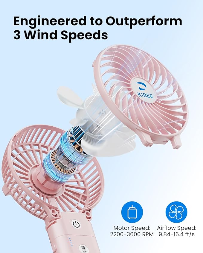 KIBEE Portable Handheld Fan - 5200mAh USB Rechargeable [20H Max Runtime] with Power Bank, Foldable 180° Mini Personal Fan, 3-Speed with Stand for Travel/Outdoor/Makeup/Concerts (Pink)