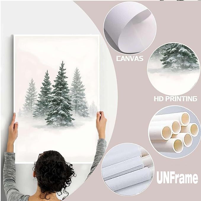 Canvas Wall Art Snowy Evergreen Trees Print Winter Forest Wall Art Christmas Watercolour Painting Winter landscape Snowy Pine tree poster 24x36in-UnFramed