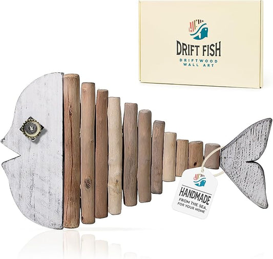 Mint Bucket Brands Driftwood Fish Nautical Wall Decor - 18" x 10" Handmade Wooden Rustic Coastal Wall Art for Living Room, Bedroom, Office, Bathroom - Ocean Beach Decoration (Opal)