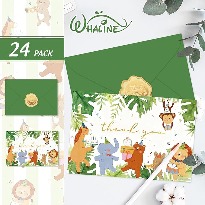 Whaline 24 Pack Jungle Animals Thank You Cards Greeting Card Greenery Forest Annimal Blank Note Card with Envelopes Stickers for Baby Shower Birthday, 4 x 6 Inch