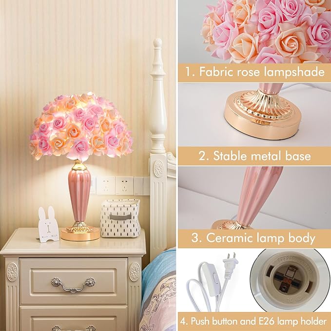 Pink Flowers Lamp Beautiful Yellow Flower Bedside Lamp Nordic Nightstand Light Romantic Rose Bouquet Table Lamp for Wedding Girl Bedroom Valentines Dating Living Room Office Christmas